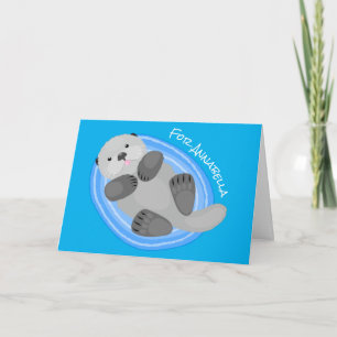 Tarjeta Cuidada y feliz nutria azul personalizado ilustrac
