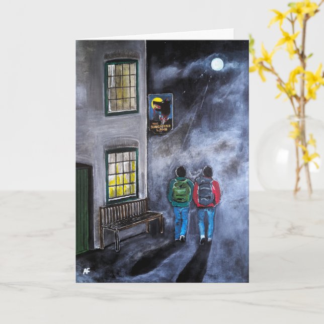 Tarjeta Cuidado con la pintura de la luna de Alfred Fox (flor amarilla)