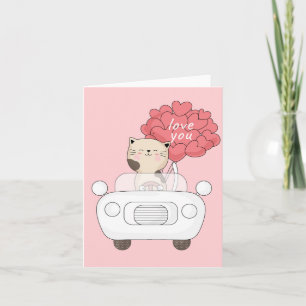 Tarjeta Cuidado gato Coche rosa te amo globo