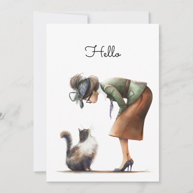 Tarjeta Cuidado gato y Lady Whimsical Hello Flat (Anverso)