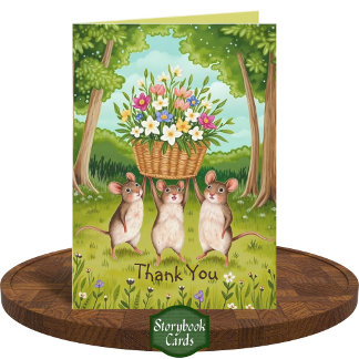 Tarjeta Cuidados ratones forestales y cesta de flores silv