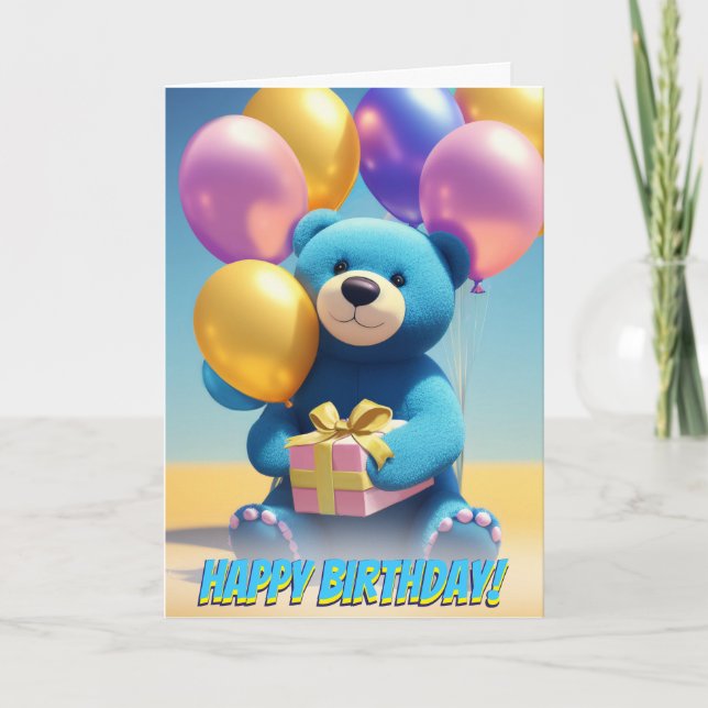 Tarjeta Cuidadosamente Blue Teddy Bear Fiestas Globos Cump (Anverso)