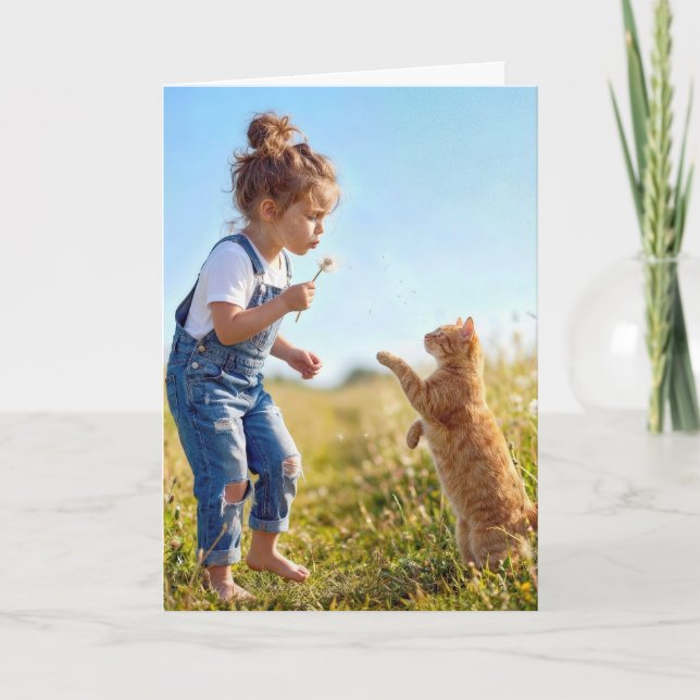 Tarjeta Cumpleañera con gato entre dientes de león (Anverso)