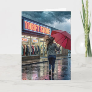 Tarjeta Cumpleañera junto a una tienda de segunda mano en