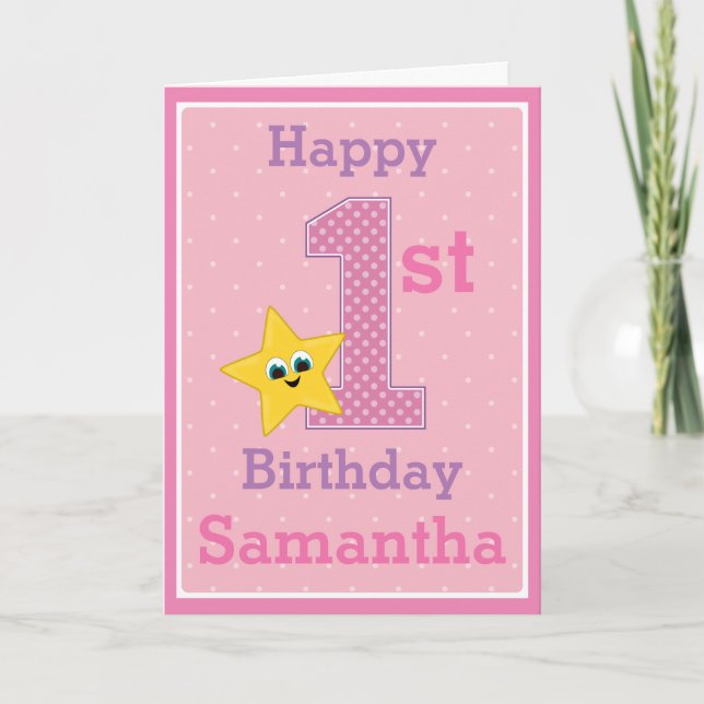 Tarjeta Cumpleañera primer cumpleaños, rosa con estrella a (Anverso)