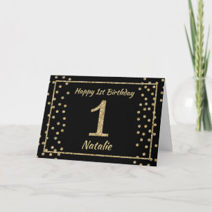 Tarjeta Cumpleaños 1º Negro y Confeti Brillante Dorado