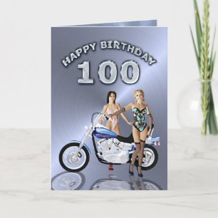 Tarjeta cumpleaños 100 con chicas y una motocicleta