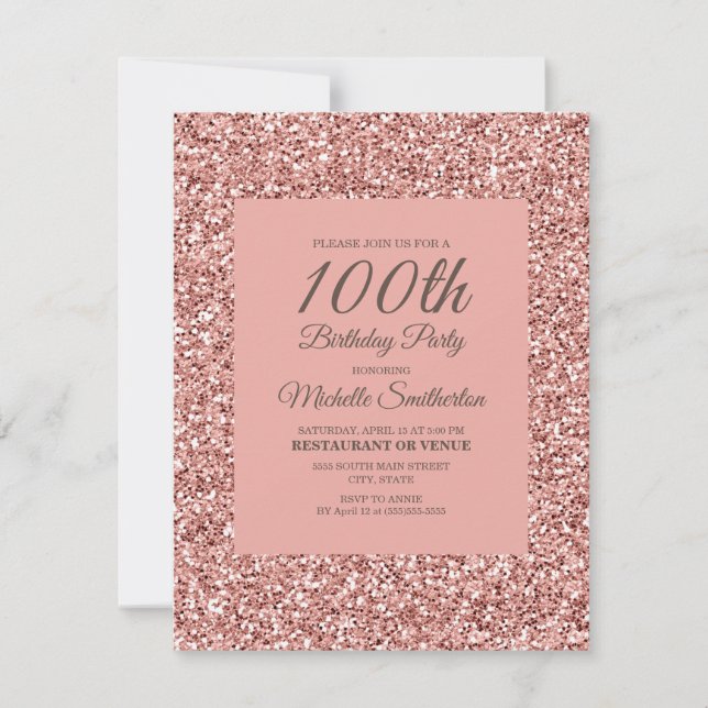 Tarjeta Cumpleaños 100 de mujer con brillo rosa (Anverso)