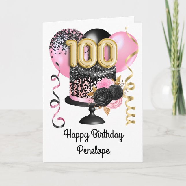 Tarjeta Cumpleaños 100 en Rosa y Oro Negro (Anverso)