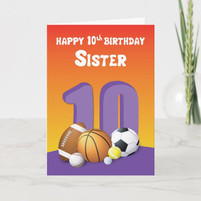 Tarjeta Cumpleaños 10 de hermana Pelotas deportivas (Anverso)