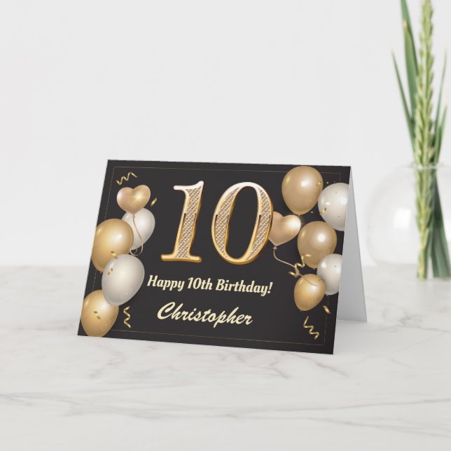 Tarjeta Cumpleaños 10 de los Globos Negro y Oro (Anverso)