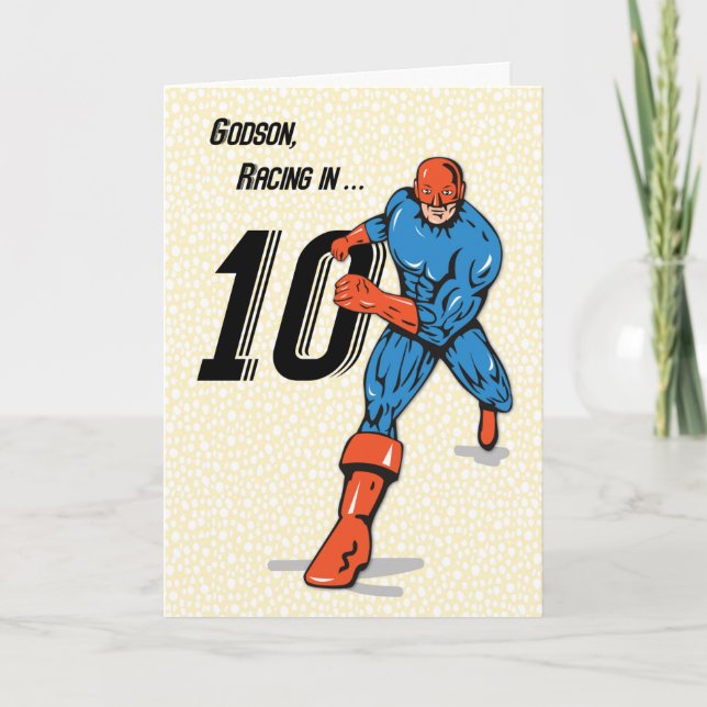 Tarjeta Cumpleaños 10 del ahijado Superhéroe (Anverso)