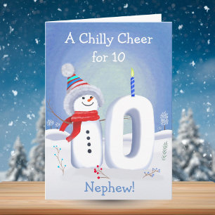 Tarjeta Cumpleaños 10 sobrino muñeco de nieve nevado diez