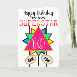 Tarjeta Cumpleaños 10 Superestrella Triángulo Rosa Cualqui