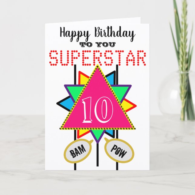 Tarjeta Cumpleaños 10 Superestrella Triángulo Rosa Cualqui (Anverso)