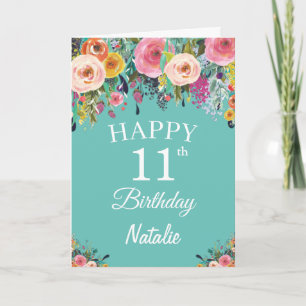 Tarjeta Cumpleaños 11 años Acuarela Floral Flores Azul Tur