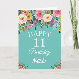 Tarjeta Cumpleaños 11 años Acuarela Floral Flores Azul Tur