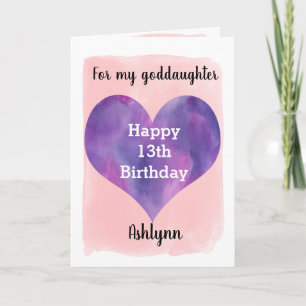 Tarjeta Cumpleaños 13 de mi ahijada con corazón rosa y púr