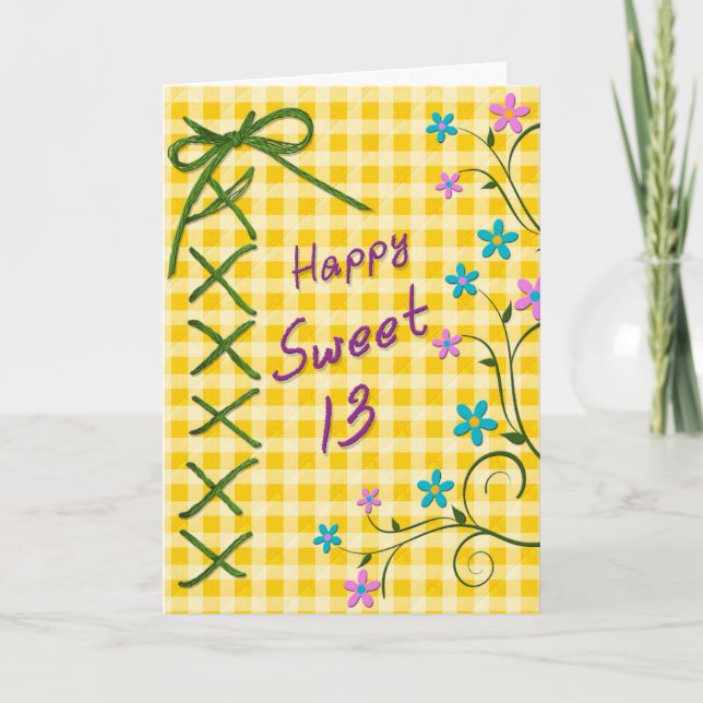 Tarjeta Cumpleaños 13, Green Tie - Yellow Gingham, Flores (Anverso)