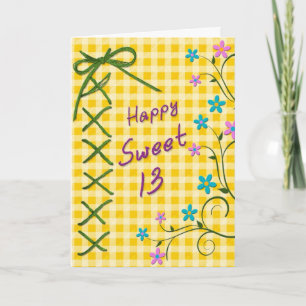Tarjeta Cumpleaños 13, Green Tie - Yellow Gingham, Flores