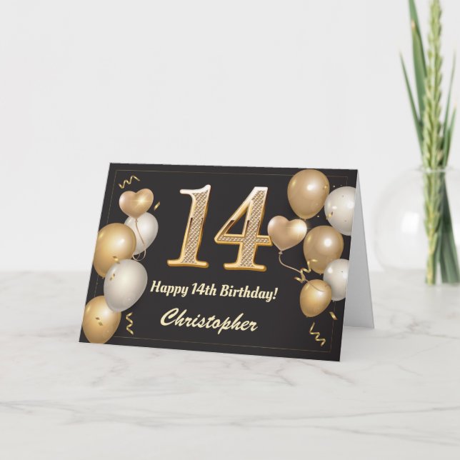 Tarjeta Cumpleaños 14 de los Globos de Oro y Negro (Anverso)