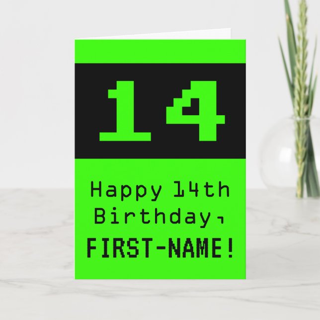 Tarjeta Cumpleaños 14: Estilo friki / geek "14" y nombre (Anverso)