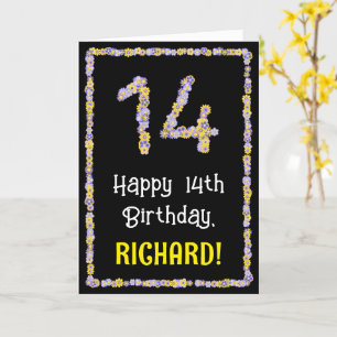 Tarjeta Cumpleaños 14: Flores Florales Número, Nombre Pers