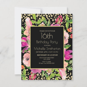 Tarjeta Cumpleaños 16 con flores rosadas y brillo dorado y
