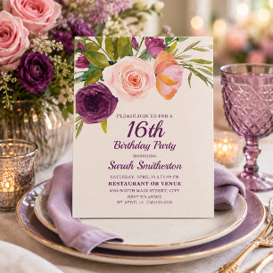 Tarjeta Cumpleaños 16 con tono de rosa y florales en color