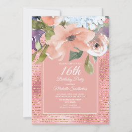 Tarjeta Cumpleaños 16 de niña con flores rosas y azules y 