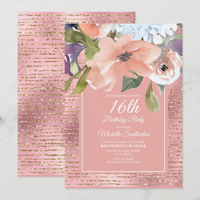 Tarjeta Cumpleaños 16 de niña con flores rosas y azules y  (Anverso / Reverso)