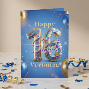 Tarjeta Cumpleaños 16 Dulces Globos de Brillantes Azules y