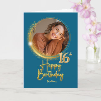 Tarjeta Cumpleaños 16 Moderno Azul y Dorado con Foto y Nom