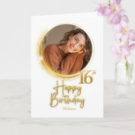 Tarjeta Cumpleaños 16 Moderno Blanco y Dorado con Foto y N
