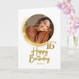 Tarjeta Cumpleaños 16 Moderno Blanco y Dorado con Foto y N