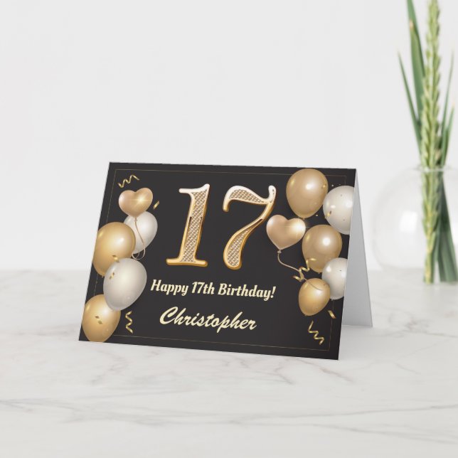 Tarjeta Cumpleaños 17 de los Globos Negro y Oro (Anverso)