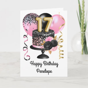 Tarjeta Cumpleaños 17 de rosa, negro y dorado para ella