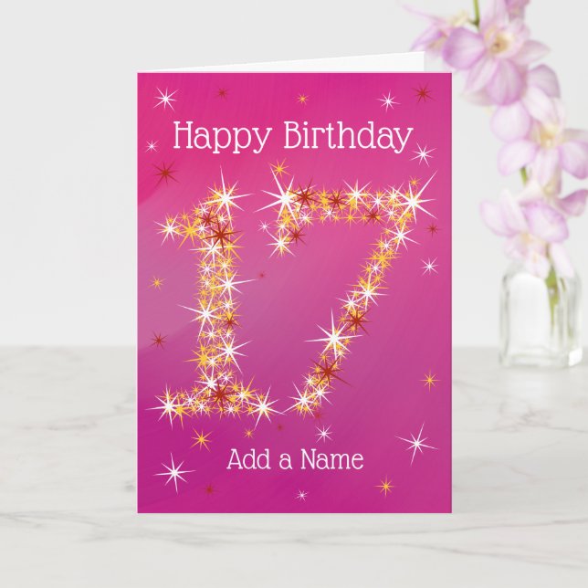Tarjeta Cumpleaños 17 - Número 17 en las estrellas - Rosa  (Orquídea)