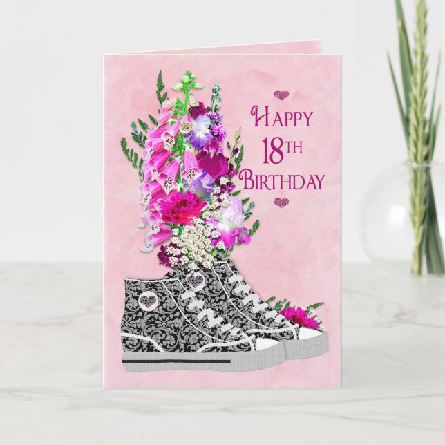 Tarjeta Cumpleaños 18, Chicas, maricas zapatillas negras/b (Anverso)