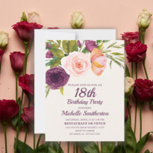 Tarjeta Cumpleaños 18 Floral Rosa Liso Púrpura Borgoña