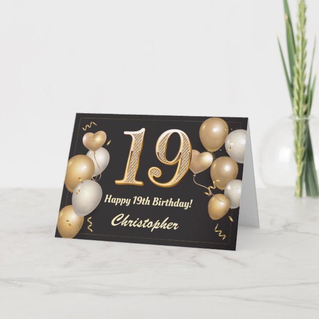 Tarjeta Cumpleaños 19 de los Globos Negro y Oro (Anverso)