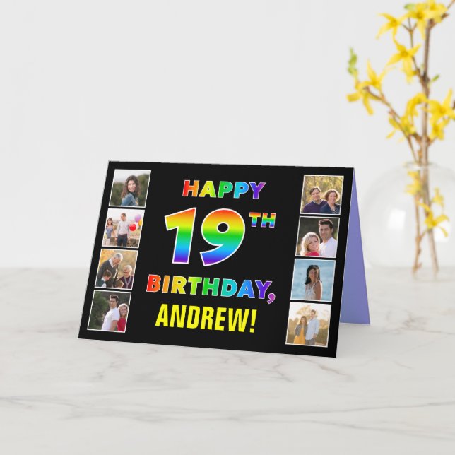 Tarjeta Cumpleaños 19: texto arcoiris, fotos y nombre de P (flor amarilla)