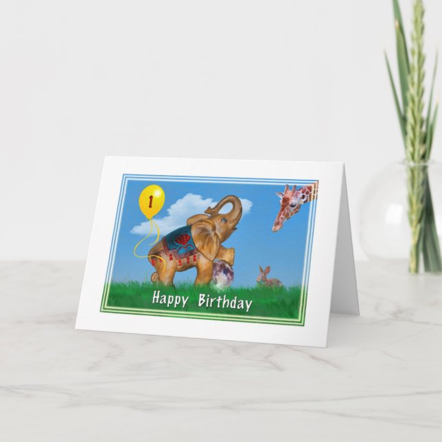 Tarjeta Cumpleaños, 1, elefante, jirafa, conejo, globo (Anverso)