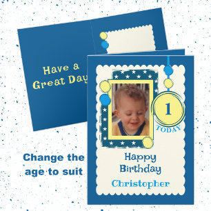 Tarjeta Cumpleaños 1 hoy agregar foto nombre azul amarillo