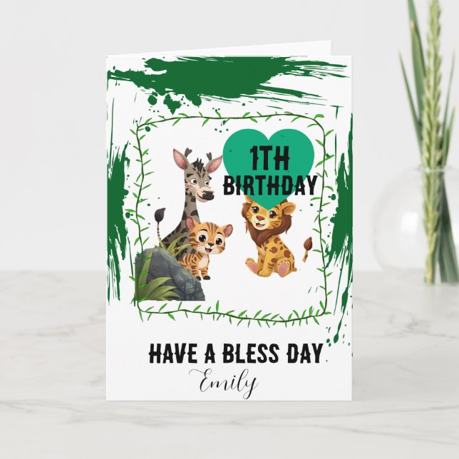 Tarjeta Cumpleaños 1 verde Animales de la selva  (Anverso)