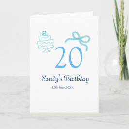 Tarjeta Cumpleaños 20 azul lazo pastel nombre fecha retro