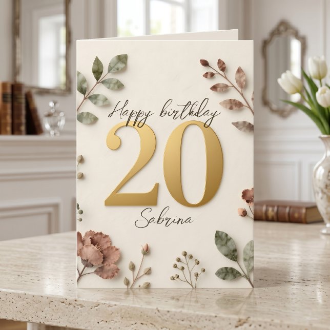 Tarjeta Cumpleaños 20 Boho Dusty Rose Floral Dorado (Subido por el creador)