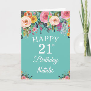 Tarjeta Cumpleaños 21 Acuarela Floral Flores Azul Turquesa