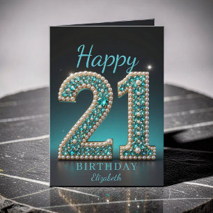 Tarjeta Cumpleaños 21 Glam Diamante Perla Teal Felicitació