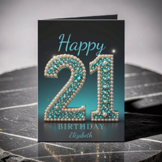 Tarjeta Cumpleaños 21 Glam Diamante Perla Teal Felicitació